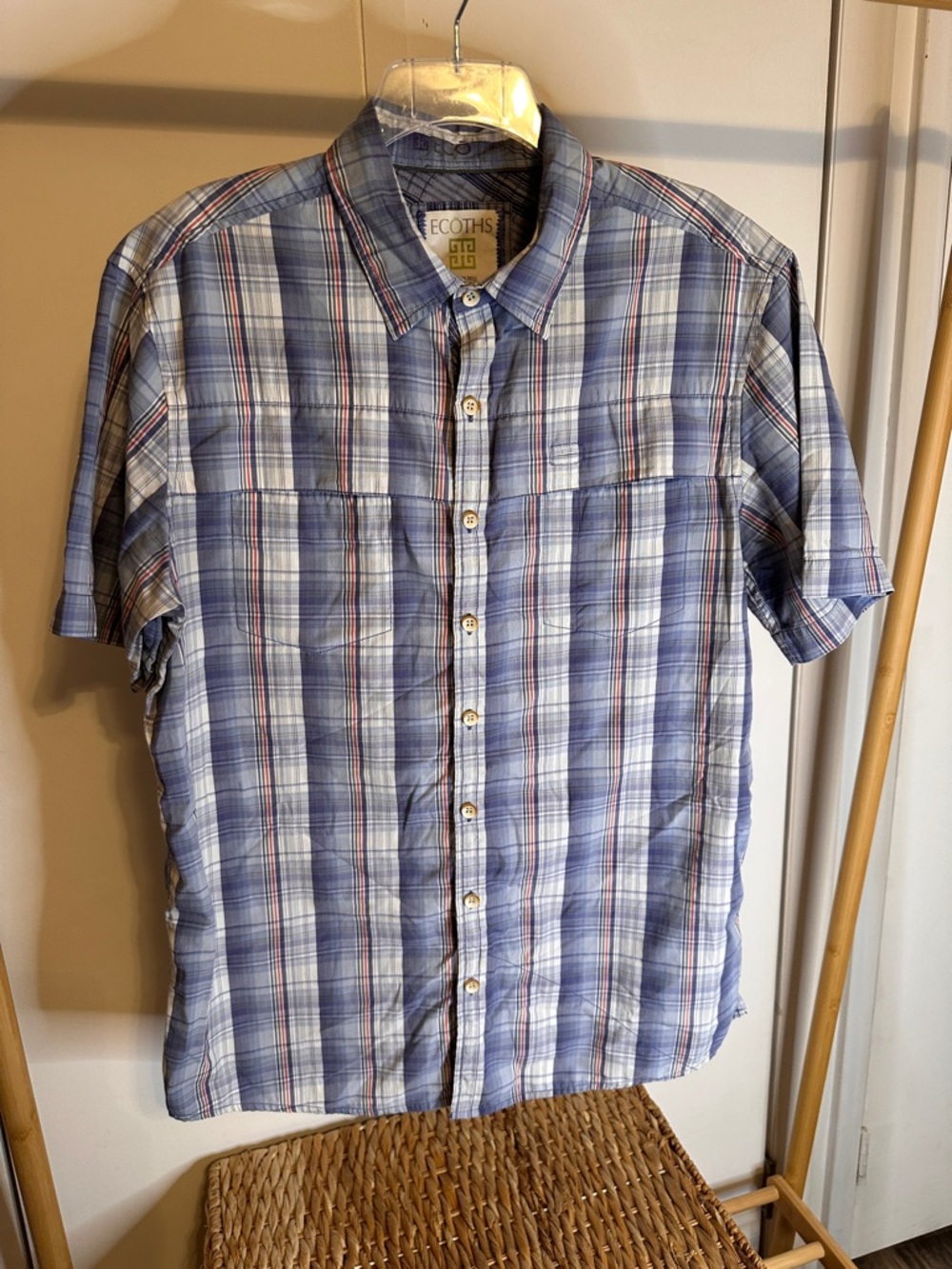 Men's Short-Sleeve Blue Plaid Button-Down Shirt size Large